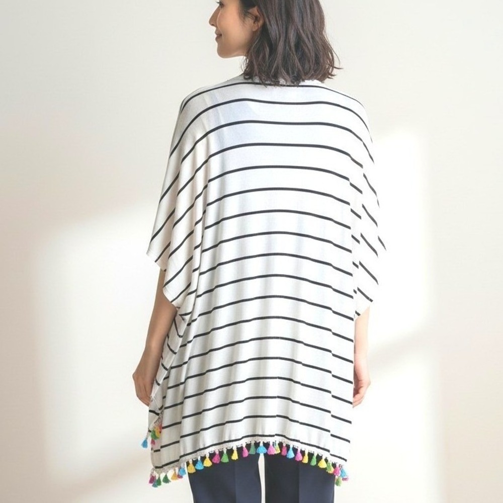 12PM by Mon Ami Womens‎ Striped Kimono Cardigan White Black Tassel Trim OS